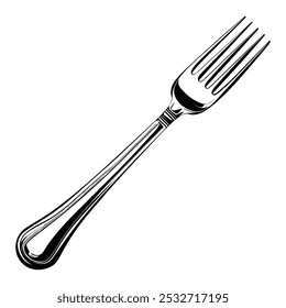 A black and white fork highlighted on a white background. Doodle, flat style. For the design of a poster, logo, label.