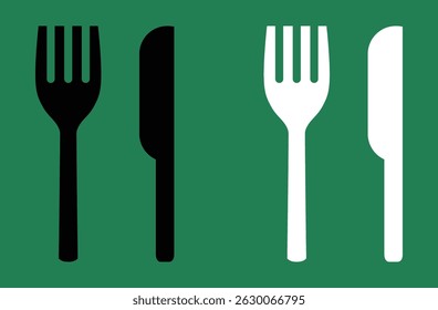 Black and white fork and knife icons on green background. Flat vector illustration suitable for restaurant, menu, food apps, or kitchen related design.
