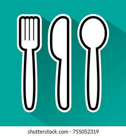 Black and white fork, spoon and knife on green background. Vector illustration