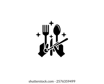 Black and White Fork and Spoon Silhouette, Simple Cutlery Illustration for Restaurants, Creative Fork and Spoon Logo