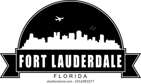 Black and white Fort Lauderdale Florida buildings skyline negative air space silhouette dome shaped emblem with scroll banner below and name text inside. Vector eps graphic design.