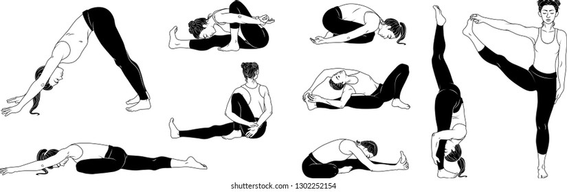 Black and white forward bend yoga poses, vector illustrations, meditation, fitness