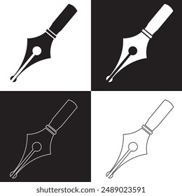 Black and white Fountain pen nib line icon set. Pen tool sign.  isolated on white and black background. Vector Illustration. EPS 10