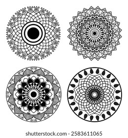 Black white four pics set mandala ethnic decorative vector graphics abstract design. 