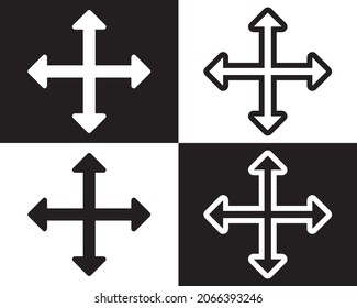 Flecha de cuatro caras en blanco y negro. Icono de flecha de cuatro direcciones para el proyecto. Símbolo de signo de vector aislado de la ilustración de icono de cuatro flechas. Diseño plano. Icono del vector sobre fondo blanco y negro