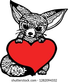 Black and White Fox with Big Ears and Red Heart