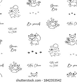Black and white foxes doodle seamless pattern for nursery. Cartoon vector fox illustration. Cute graphic background. Print for kids. Scandinavian design for little baby room.