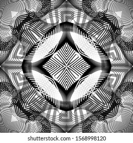 Black and white fractals seamless pattern. Vector ornamental monochrome greek background. Geometric repeat backdrop. Elegant mandala with ornate greek key meanders ornament, lines, stripes, shapes.