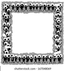Black & white frame of angry and striking cartoon people
