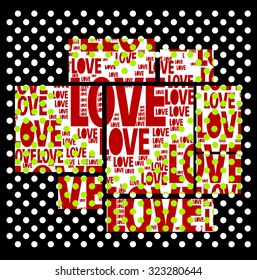 black and white frame background and polka dots pattern with red color love words together vector print pattern. for fashion and graphic design, t shirt print, sticker, valentines day gift, poster