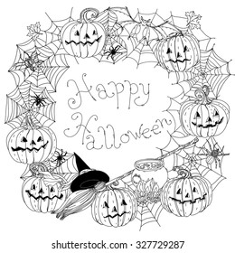  black and white frame of cobwebs, spiders, crows, pumpkins and other decorations on Halloween, could be use  for coloring book  in zentangle style. includes words Happy Halloween