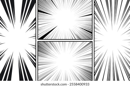 Black and white frame comic book page template with radials, halftones and dots in pop art style. Vector illustration