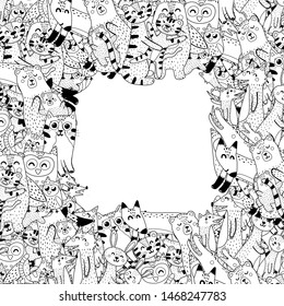 Black and white frame with cute animals - mothers and babies. Coloring page style. Vector illustration