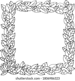 Black & white frame with cute cherry and leaves ornament, hand drawn line art. Good for card, poster, print, adult and children coloring book