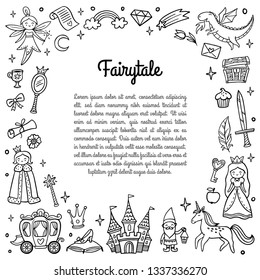 Black and white frame with cute fairy tale objects. Doodle Vector Illustration with text. Good for greeting card, banner, invitation or flyer.