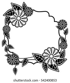 Black and white frame with decorative flowers. Copy space. Vector clip art.