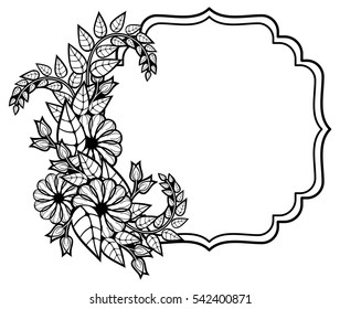 Black and white frame with decorative flowers. Copy space. Vector clip art.