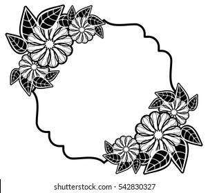Black and white frame with decorative flowers. Copy space. Vector clip art.