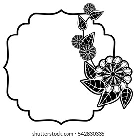 Black and white frame with decorative flowers. Copy space. Vector clip art.