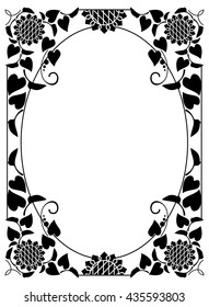 Black and white frame with decorative sunflowers silhouettes. Vector clip art.
