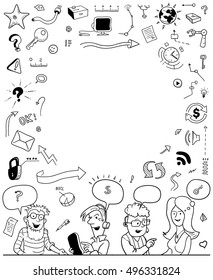 Black and White Frame in Doodle Style. Group of Funny Office People and Items around White Space. Vector Illustration for Cover Design.