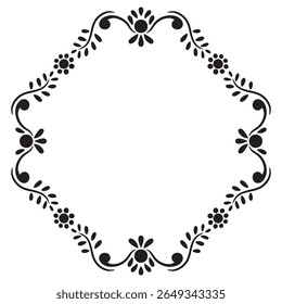 Black and white frame with floral silhouettes. Vector clip art.
