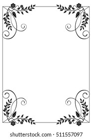 Black and white frame with floral silhouettes. Copy space. Vector clip art.