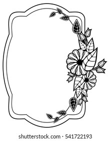 Black and white frame with floral silhouettes. Copy space. Vector clip art.