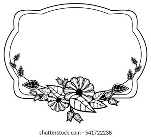 Black and white frame with floral silhouettes. Copy space. Vector clip art.