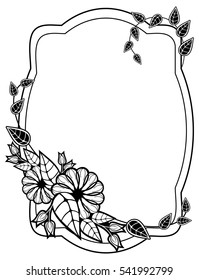 Black and white frame with floral silhouettes. Copy space. Vector clip art.
