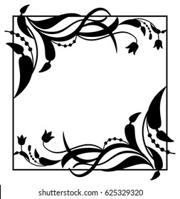 Black and white  frame with floral silhouettes. Copy space. Vector clip art.