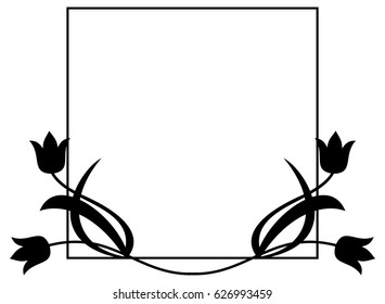 Black and white  frame with floral silhouettes. Copy space. Vector clip art.