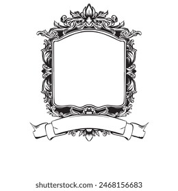 black and white frame with flower and ribbon ornament vector illustration