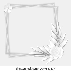 Black and white frame with flowers to insert a photo or text. Vector illustration.