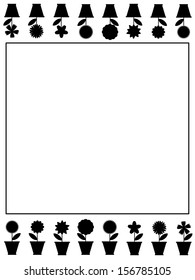 Black -white frame with flowers in the pots.