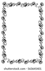 Black and white frame with flowers silhouettes. Vector clip art.