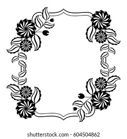 Black and white frame with flowers silhouettes. Copy space. vector clip art.
