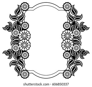 Black and white frame with flowers silhouettes. Copy space. vector clip art.