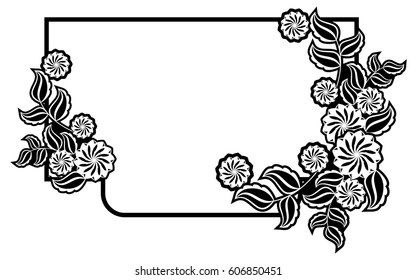 Black and white frame with flowers silhouettes. Copy space. vector clip art.