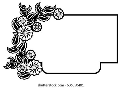 Black and white frame with flowers silhouettes. Copy space. vector clip art.