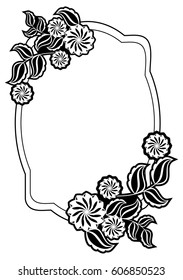 Black and white frame with flowers silhouettes. Copy space. vector clip art.