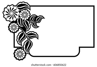Black and white frame with flowers silhouettes. Copy space. vector clip art.