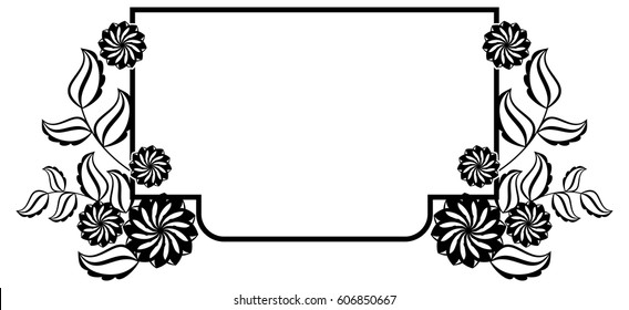 Black and white frame with flowers silhouettes. Copy space. vector clip art.