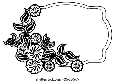 Black and white frame with flowers silhouettes. Copy space. vector clip art.