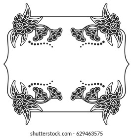 Black and white frame with flowers silhouettes. Copy space. vector clip art.
