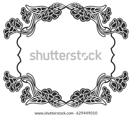 Black and white frame with flowers silhouettes. Copy space. vector clip art.