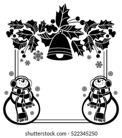 Black and white frame with funny snowman, holly berries and pine cones silhouettes. Copy space. Vector clip art.