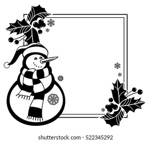 Black and white frame with funny snowman and holly berries silhouettes. Copy space. Vector clip art.