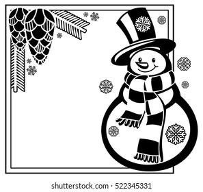 Black and white frame with funny snowman and pine cones silhouettes. Copy space. Vector clip art.