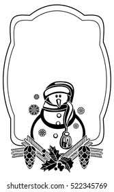 Black and white frame with funny snowman, holly berries and pine cones silhouettes. Copy space. Vector clip art